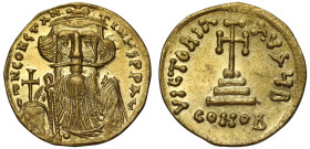 Constans II (641 –668), gold Solidus, Constantinople, officina B, Constantinople, ∂N CONSTAN - TINЧS PP AV, facing bust, long beard, holding globus cr...
