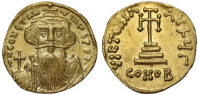 Constans II (641 –668), gold Solidus, Constantinople, officina Γ, Constantinople, ∂N CONSTAN - TINЧS PP AV, facing bust, long beard, holding globus cr...