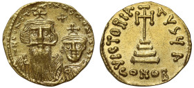 Constans II and Constantine IV (654 – 668), gold Solidus, Constantinople, officina A, -N CONSTANTINЧS C CONSTAN, facing busts, cross in field above, r...
