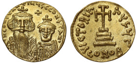 Constans II and Constantine IV (654 – 668), gold Solidus, Constantinople, officina Γ, [∂]N CONSTANTINЧS C CONSTANI, facing busts, cross in field above...