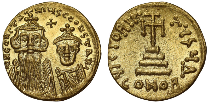 Constans II and Constantine IV (654 – 668), gold Solidus, Constantinople, offici...