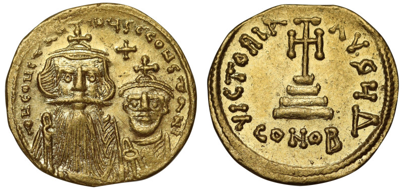 Constans II and Constantine IV (654 – 668), gold Solidus, Constantinople, offici...