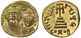 Constans II and Constantine IV (654 – 668), gold Solidus, Constantinople, officina Є, ∂N CONSTANTINЧS C CONSTAN, facing busts, cross in field above, r...