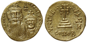 Constans II and Constantine IV (654 – 668), gold Solidus, Constantinople, officina Z, ∂N CONSTANTINЧS C CONSTANT, facing busts, cross in field above, ...