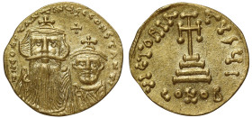 Constans II and Constantine IV (654 – 668), gold Solidus, Constantinople, officina I, ∂N CONSTANTINЧS C CONSTANTI, facing busts, cross in field above,...