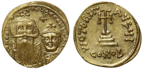 Constans II and Constantine IV (654 – 668), gold Solidus, Constantinople, officina I, ∂N CONSTANTINЧS C CONSTAI, facing busts, cross in field above, r...