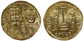 Constans II and Constantine IV (654 – 668), gold Solidus, Constantinople, ∂N CONITA, facing busts, rev. VICTORIA AVςЧ I, standing figures of Constans ...