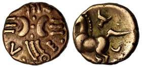 Ancient British, Catuvellauni, Tasciovanus Verlamion, gold Quarter-Stater, crossed wreaths, back-to-back crescents, VE[R and tear drop] in angles, rev...