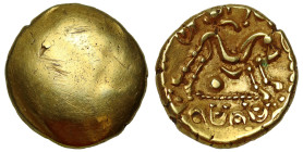 Ancient British, Gallic Import, Gallic War Uniface gold Stater, Ambiani, series E, plain obverse, rev. M shaped plain / sinuous horse right, pellet be...