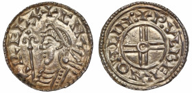 Canute (1016-35), silver short cross Penny (1029-35), Lincoln Mint, moneyer Wulfbeorn, diademed bust left with sceptre, legend surrounding commencing ...