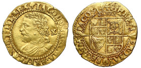 James I (1603-25), gold Half Laurel of Ten Shillings, third coinage (1619-25), fourth laureate and draped bust left, straight ties at rear of bust, va...