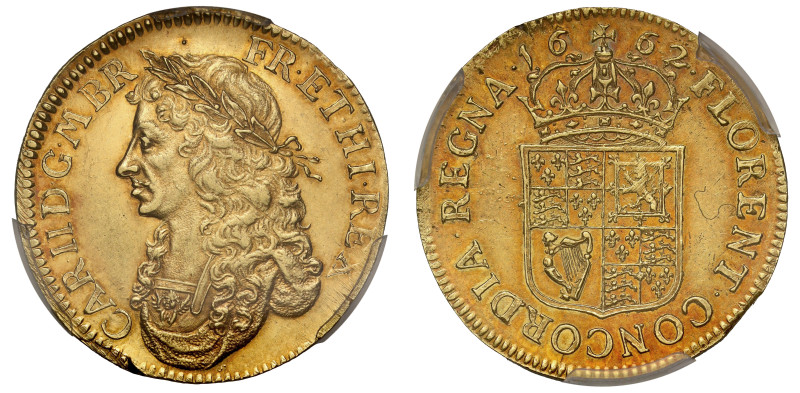 Charles II (1660-85), milled gold Broad of Twenty Shillings, 1662, laureate and ...