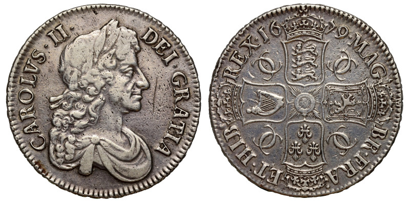 Charles II (1660-85), silver Crown, 1679, third laureate and draped bust right, ...