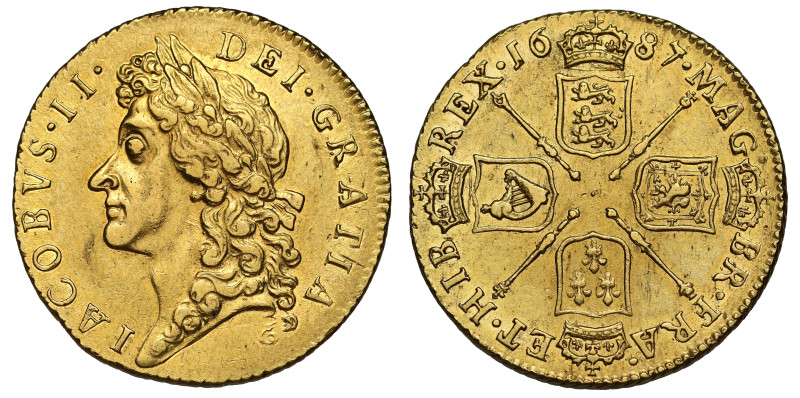 James II (1685-88), Guinea, 1687, second laureate head left, legend and toothed ...