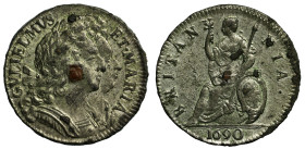 William and Mary (1688-94), Tin Farthing, 1690, copper plug at centre, second conjoined laureate and draped busts right, Latin legend and toothed bord...