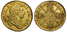 William III (1694-1702), Guinea, 1698, second laureate head right, Latin legend and toothed border surrounding, GVLIELMVS. III. DEI. GRA., rev. crowne...