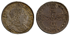 William III (1694-1702), Pattern silver Sixpence, 1696, fine work, more finely engraved second laureate and draped bust in relief right, with hair acr...