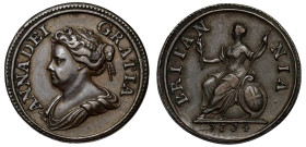 Anne (1702-14), copper Farthing, 1714, struck on smaller flan, draped bust left, legend surrounding, ANNA. DEI. GRATIA., (stops faint), rev. inverted ...