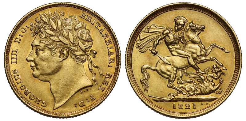 George IV (1820-30), Sovereign, 1821, first laureate head left, B.P. below neck,...