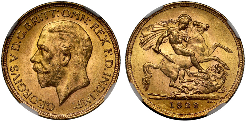 George V (1910-36), Sovereign, 1929-SA, Pretoria Mint, bare head left, B.M. on t...