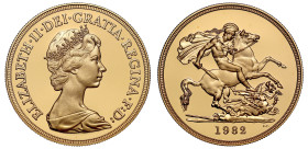 g Elizabeth II (1952-2022), gold proof Five-Pounds, 1982, crowned head right by designer Arnold Machin, Latin legend and toothed border surrounding, E...