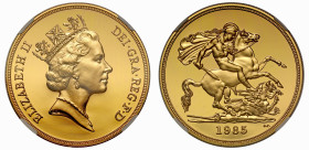 Elizabeth II (1952-2022), gold proof Five-Pounds, 1985, crowned head right, RDM incuse on truncation, ELIZABETH II DEI. GRA. REG. F: D, rev. St George...