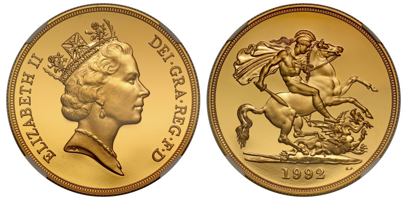 Elizabeth II (1952 -2022), gold proof Five-Pounds 1992, crowned head right, RDM ...