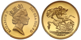 Elizabeth II (1952 -2022), gold proof Five-Pounds, 1994, crowned bust right, RDM incuse on truncation, ELIZABETH II DEI. GRA REG. F. D, rev. St. Georg...