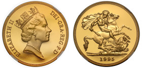 Elizabeth II (1952 -2022), gold proof Five-Pounds, 1995, crowned bust right, RDM incuse on truncation, ELIZABETH II DEI. GRA. REG. F. D, rev. St. Geor...