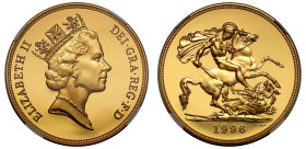 Elizabeth II (1952 -2022), gold proof Five-Pounds, 1996, crowned bust right, RDM incuse on truncation, ELIZABETH II DEI. GRA. REG. F. D, rev. St. Geor...