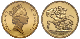 Elizabeth II (1952 -2022), gold proof Five-Pounds, 1997, crowned bust right, RDM incuse on truncation, ELIZABETH II DEI. GRA. REG. F. D, rev. St. Geor...