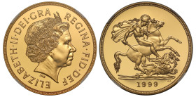 Elizabeth II (1952 -2022), gold proof Five-Pounds, 1999, crowned head right, IRB initials below, ELIZABETH. II. DEI. GRA REGINA. FID. DEF, rev. St. Ge...