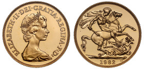 Elizabeth II (1952 - 2022), gold proof Two-Pounds, 1982, crowned head right by designer Arnold Machin, Latin legend and toothed border surrounding, EL...