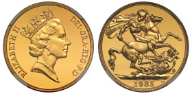 Elizabeth II (1952-2022), gold proof Two-Pounds 1985, crowned head right, RDM incuse on truncation, ELIZABETH II DEI. GRA. REG. F: D, rev. St. George ...