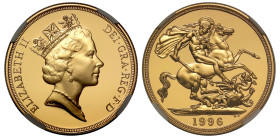 Elizabeth II (1952-2022), gold proof Two-Pounds 1996, crowned head right, RDM incuse on truncation, ELIZABETH II DEI. GRA. REG. F: D, rev. St. George ...