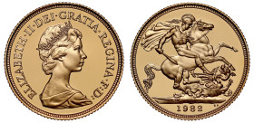 Elizabeth II (1952 -2022), gold proof Sovereign, 1982, crowned head right by designer Arnold Machin, ELIZABETH. II. DEI. GRATIA REGINA. F: D:, rev. St...