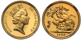 Elizabeth II (1952 -2022), gold proof Sovereign, 1990, crowned head right, RDM incuse on truncation, ELIZABETH II DEI. GRA. REG. F: D, rev. St. George...