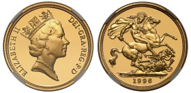 Elizabeth II (1952 -2022), gold proof Sovereign, 1996, crowned head right, RDM incuse on truncation, ELIZABETH II DEI. GRA. REG. F: D, rev. St. George...
