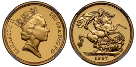 Elizabeth II (1952 -2022), gold proof Sovereign, 1997, crowned head right, RDM incuse on truncation, ELIZABETH II DEI. GRA. REG. F: D, rev. St. George...