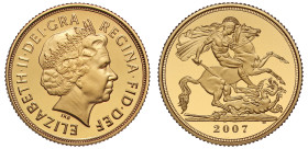 Elizabeth II (1952-2022), proof sovereign, 2007, fourth bust by Ian Rank Broadley right, wearing tiara, rev. St. George and the Dragon, tiny BP below ...