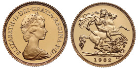 Elizabeth II (1952 -2022), gold proof Half-Sovereign, 1982, crowned head right by designer Arnold Machin, Latin legend and toothed border surrounding,...