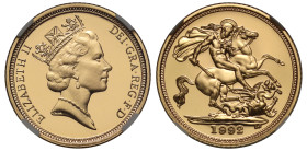 Elizabeth II (1952 -2022), gold proof Half-Sovereign, 1992, crowned head right, RDM incuse on truncation, ELIZABETH II DEI. GRA. REG. F: D, rev. St. G...