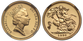 Elizabeth II (1952 -2022), gold proof Half-Sovereign, 1996, crowned head right, RDM incuse on truncation, ELIZABETH II DEI. GRA. REG. F: D, rev. St. G...
