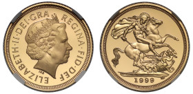 Elizabeth II (1952 -2022), gold proof Half-Sovereign, 1999, crowned head right, RDM incuse on truncation, ELIZABETH II DEI. GRA. REG. F: D, rev. St. G...