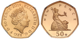 Elizabeth II (1952-2022), gold proof Fifty Pence, 2011, Fiftieth Anniversary of the Fifty Pence Coin, crowned bust right, JC below, rev. Britannia, wi...