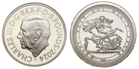 Charles III (2022-), silver proof Two Ounces of Five Pounds, 2024, St. George and the Dragon, struck in 999 fine silver, from the Great Engravers seri...