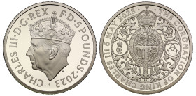 Charles III (2022-), silver proof Two Ounces of Five Pounds, 2023, struck to honour the Coronation of His Majesty King Charles III and Queen Camilla, ...