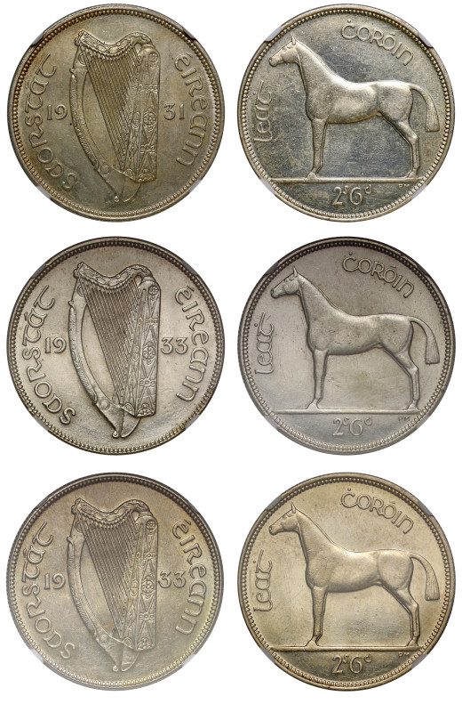 Ireland, Republic, silver Halfcrowns (3): 1931; 1933 (2), Irish Harp dividing da...