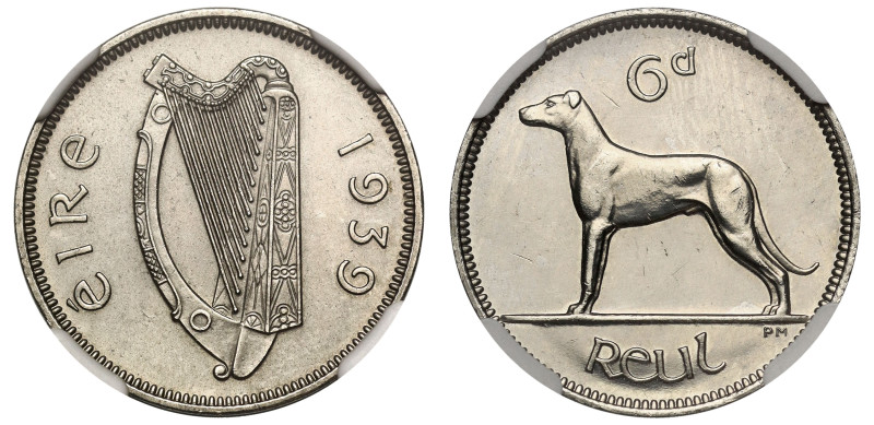 Ireland, Republic, nickel proof Sixpence, 1939, Irish Harp, ÉIRE 1939 around, re...