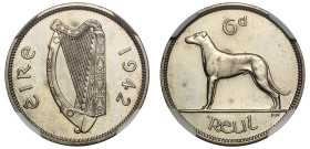 Ireland, Republic, proof Cupro-nickel Sixpence, 1942, Irish Harp, ÉIRE 1942 around, rev. Wolfhound (S.6641). With pleasing mirrored fields. Graded by ...